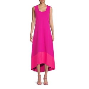 Time and Tru Women’s Pique Knit Dress with High Low Hem -Berry Fun/Shocking Pink